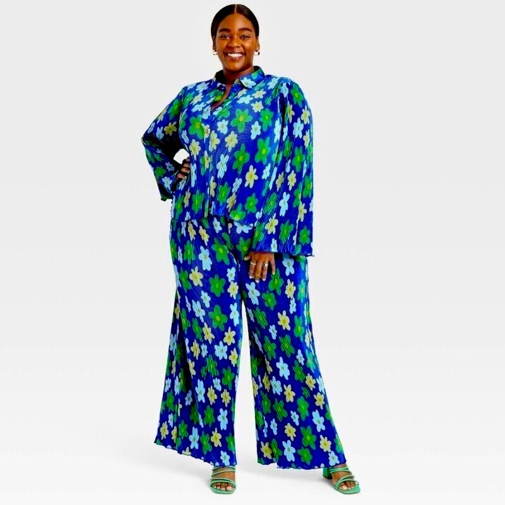Target X Sammy B FULL SET Floral Blue Pleated Shirt/High Waist Pants Wide Leg 1X